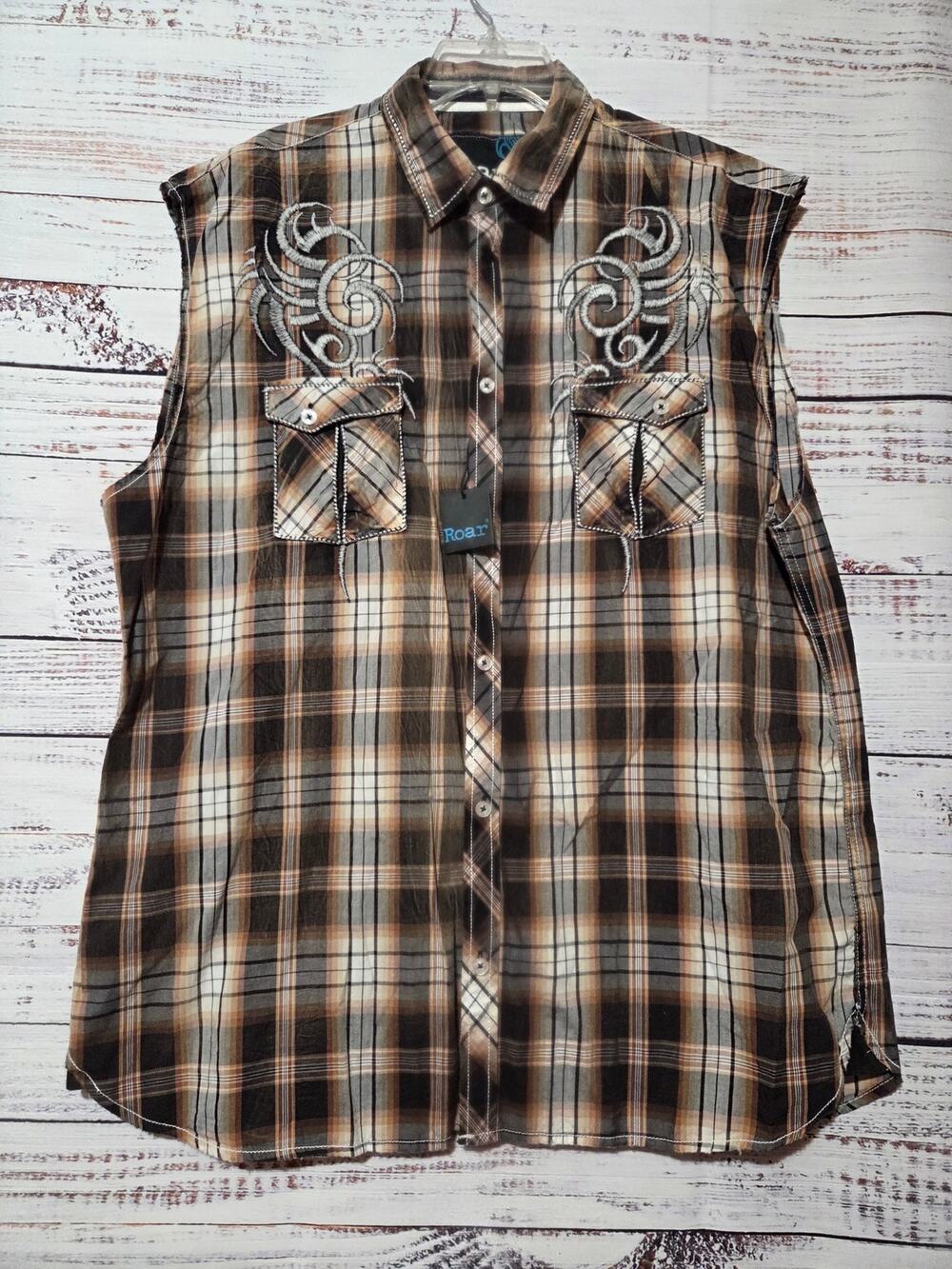 Roar Shirt Men's XXXL Sleeveless Brown Plaid Embroidered Button Front